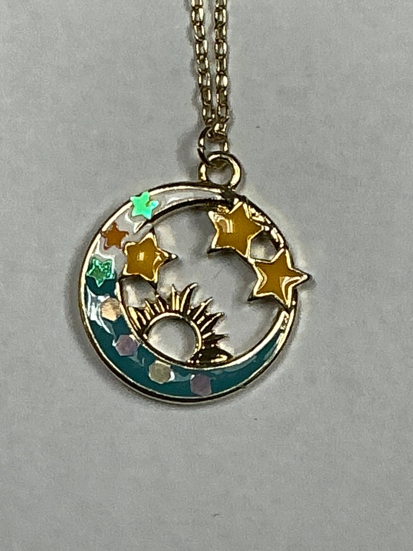 Chain Link Necklace w/Round Sun, Moon, Star Pendant