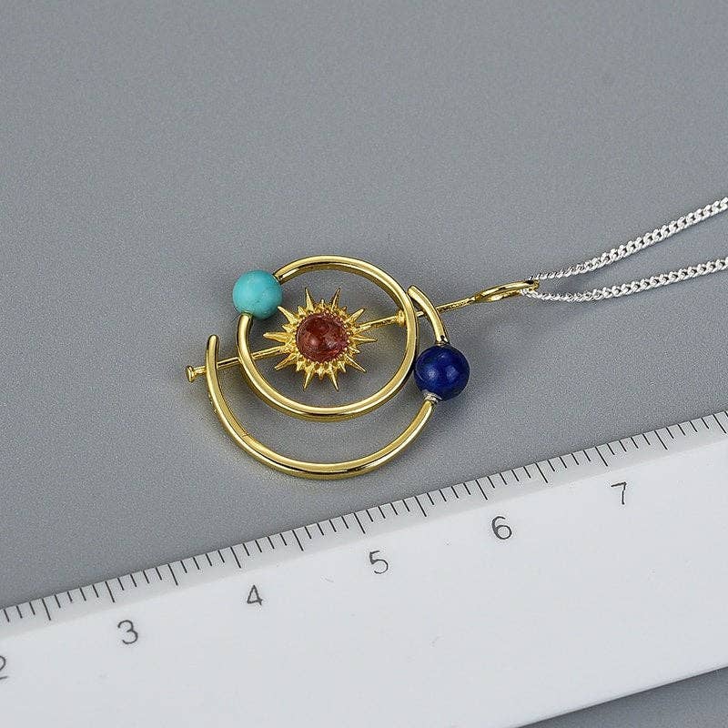 Solar System Sun Star Planet Necklace in 925 Sterling Silver