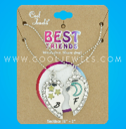 (SET OF 2) SILVER BALL CHAIN NK W/ HEART-SHAPED RHINESTONE EDGE MOON & STAR BEST FRIENDS PENDANTS