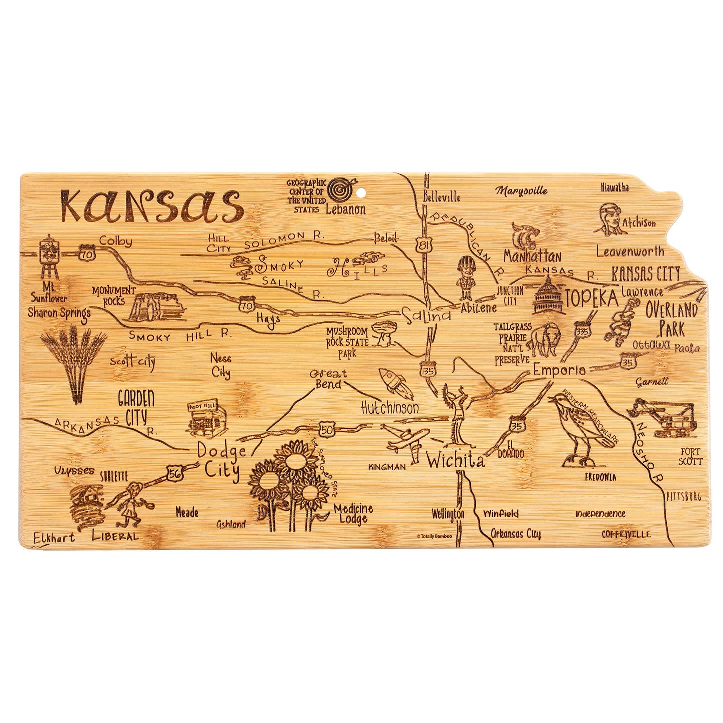 Destination Kansas Cutting Board with Engraved Artwork