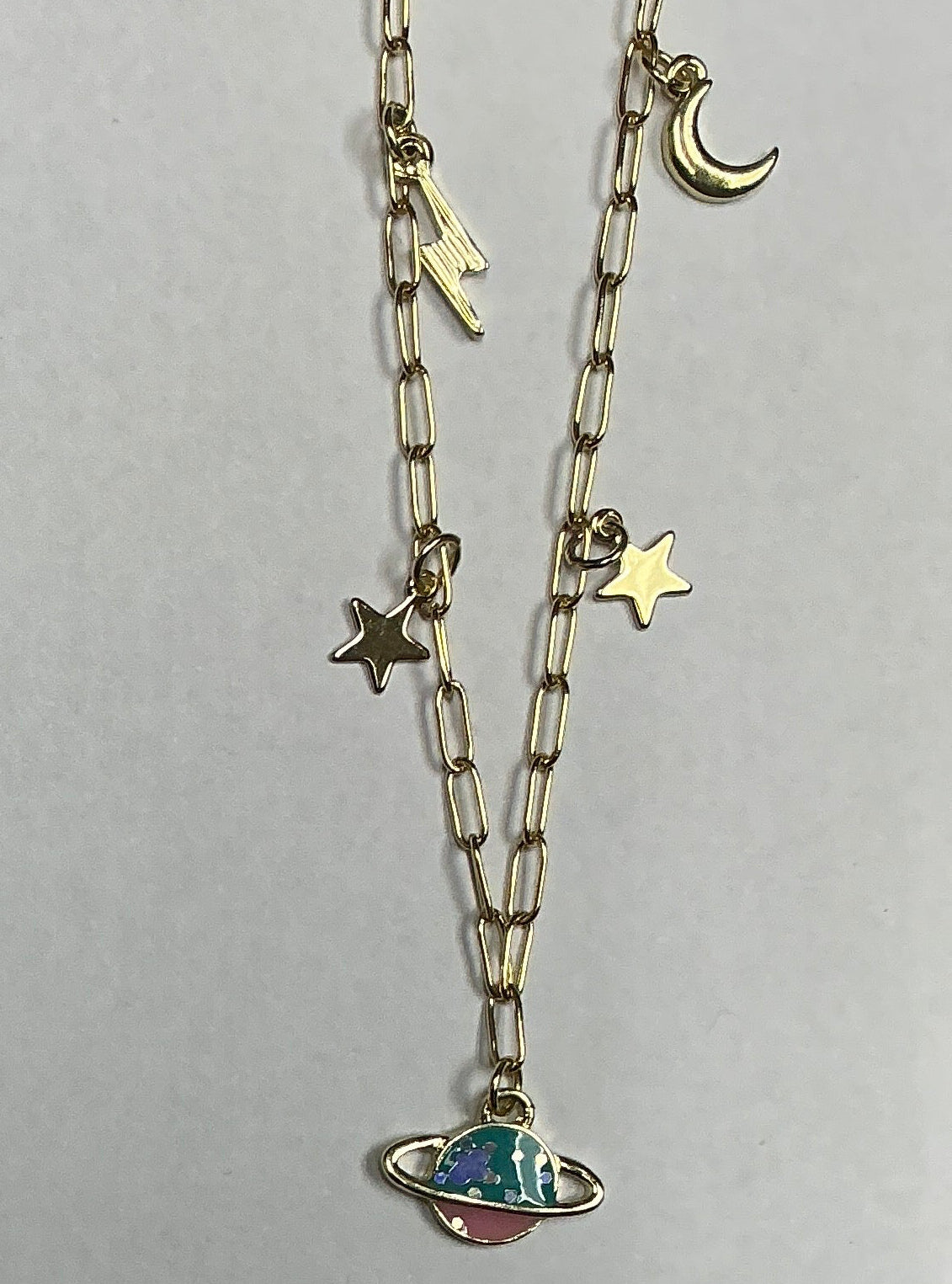 Necklace Gold Link Chain w/Saturn Pendant