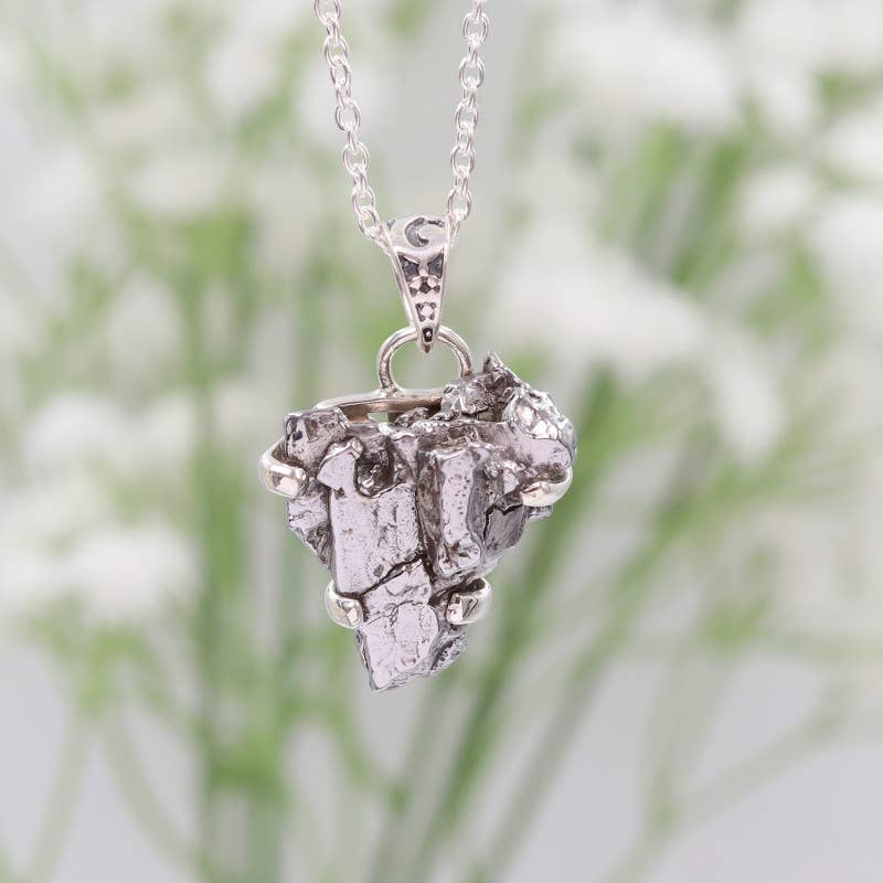 Raw Meteorite Gemstone Pendant Necklace In Sterling Silver