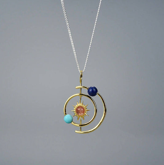Solar System Sun Star Planet Necklace in 925 Sterling Silver