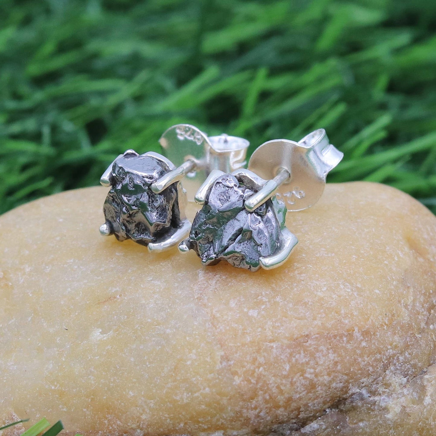 Meteorite Stud Earrings: 925 Silver Unique Space Jewelry