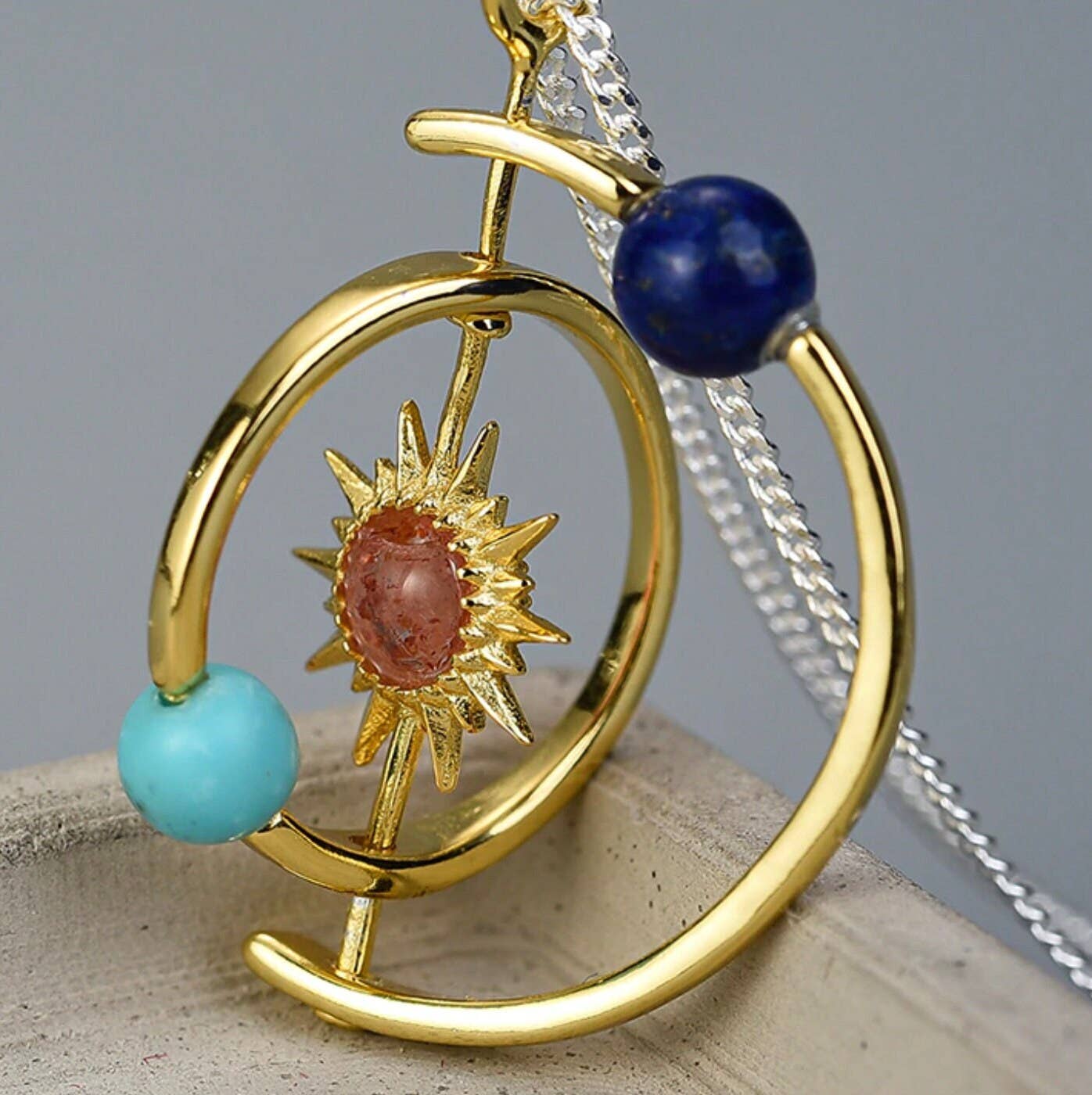 Solar System Sun Star Planet Necklace in 925 Sterling Silver
