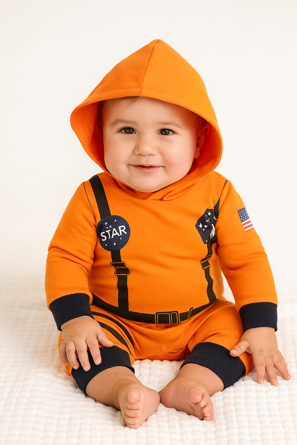Orange Astronaut Long Sleeve Hooded Costume Baby Romper