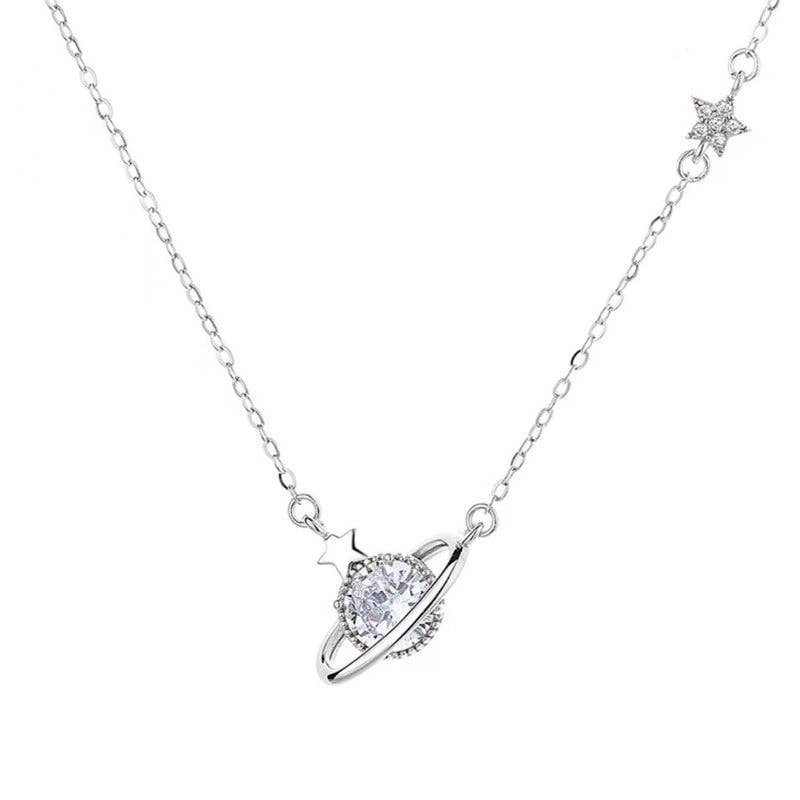Planet Saturn Star Pendant Necklace in 925 Sterling Silver