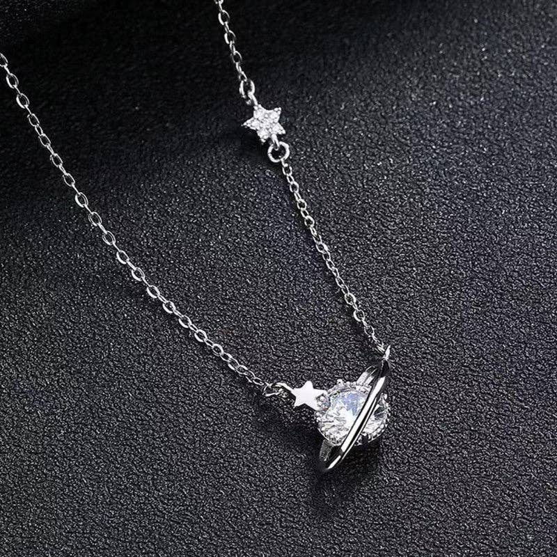 Planet Saturn Star Pendant Necklace in 925 Sterling Silver