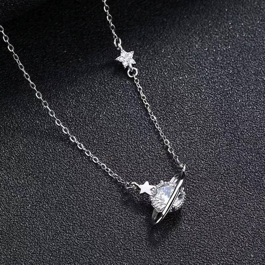 Planet Saturn Star Pendant Necklace in 925 Sterling Silver