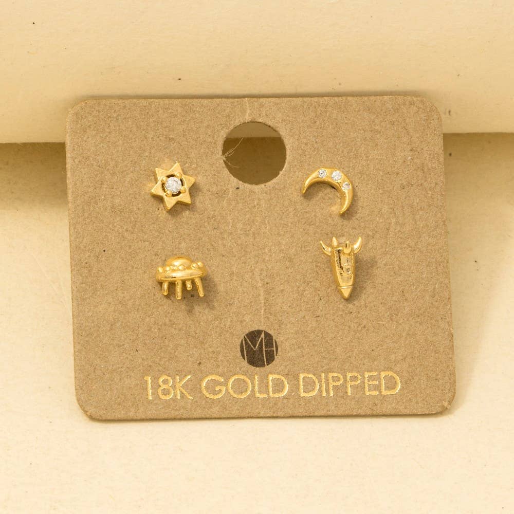 Gold Dipped Space Themed Stud Earrings Set