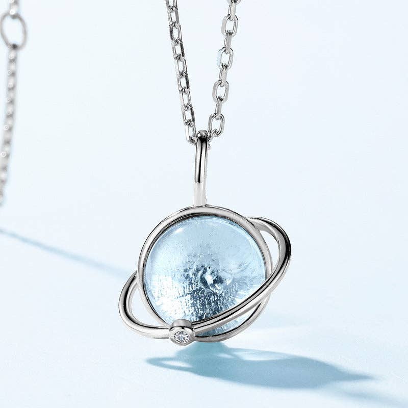Blue Topaz Planet Saturn Necklace in 925 Sterling Silver