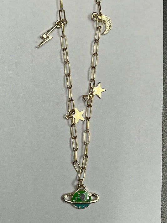 Necklace Gold Link Chain w/Saturn Pendant
