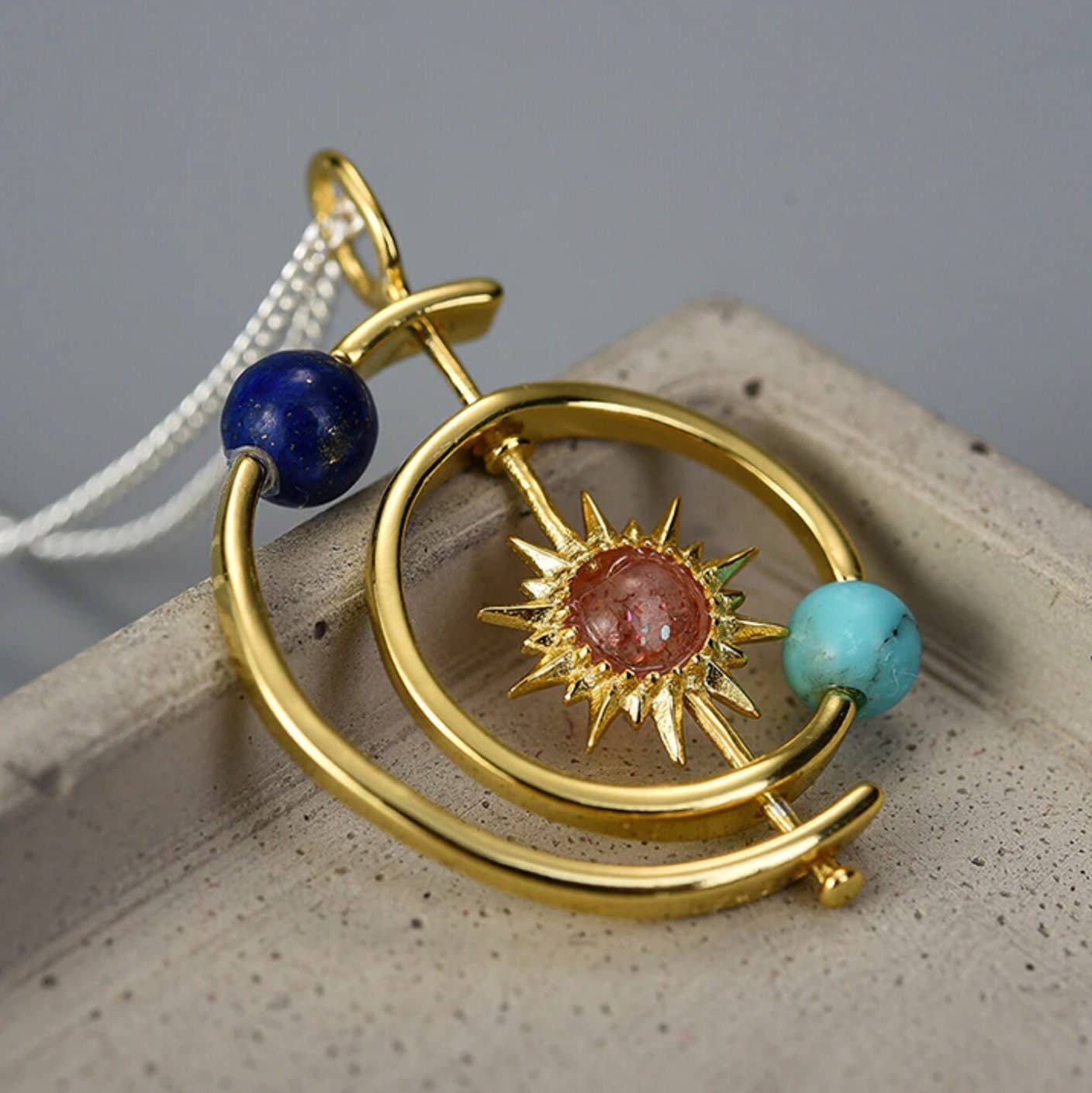 Solar System Sun Star Planet Necklace in 925 Sterling Silver