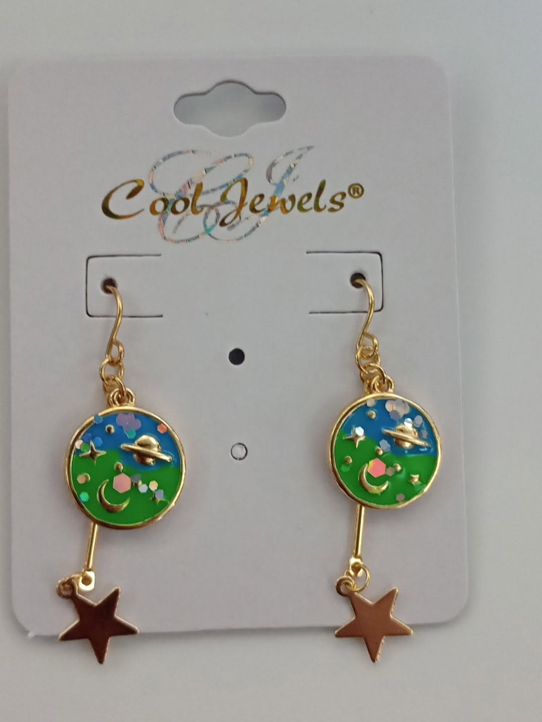 Earrings Gold Fish Hooks w/Pendant & Stars/Planets