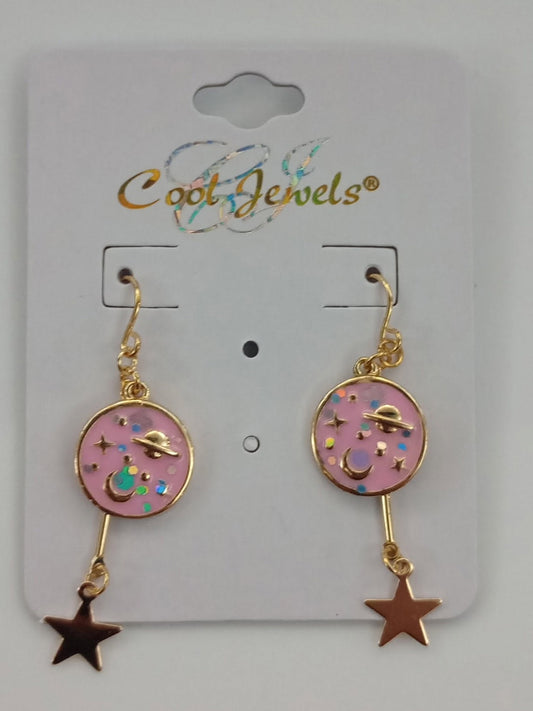 Earrings Gold Fish Hooks w/Pendant & Stars/Planets
