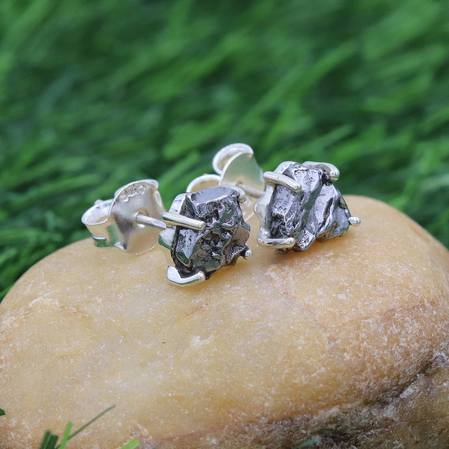 Meteorite Stud Earrings: 925 Silver Unique Space Jewelry