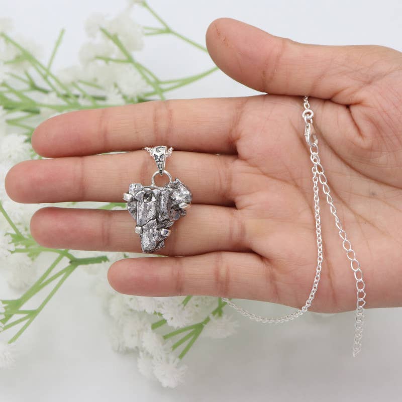 Raw Meteorite Gemstone Pendant Necklace In Sterling Silver