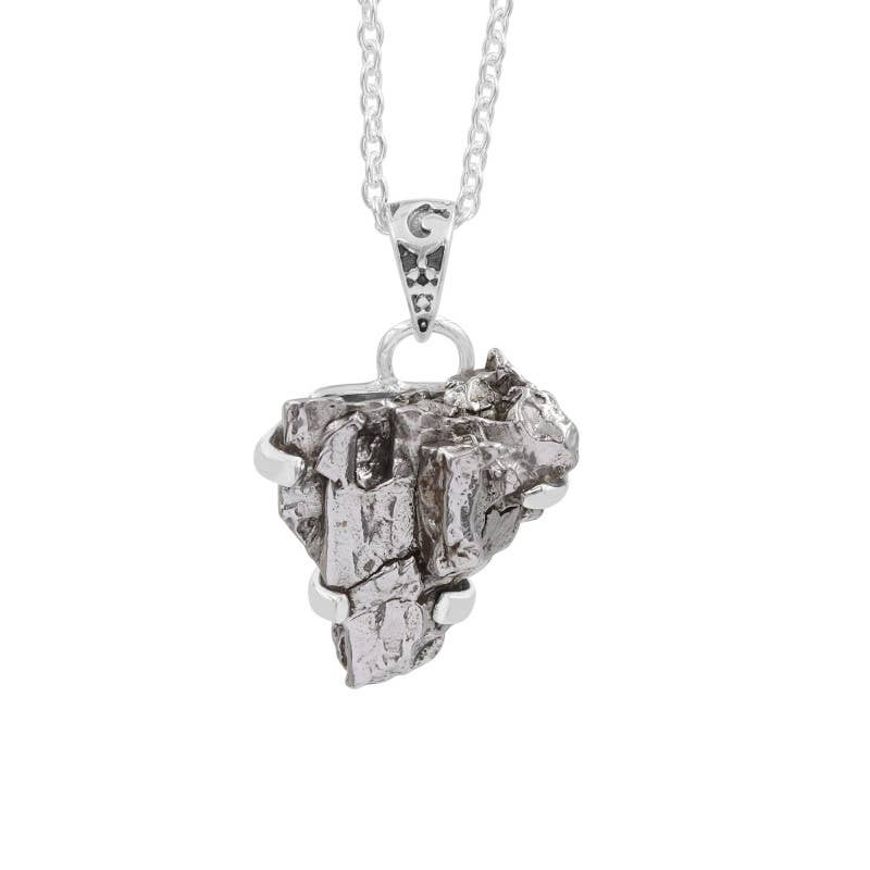 Raw Meteorite Gemstone Pendant Necklace In Sterling Silver