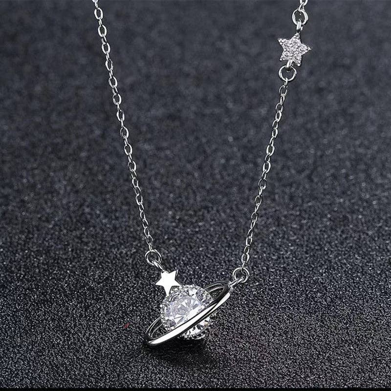 Planet Saturn Star Pendant Necklace in 925 Sterling Silver