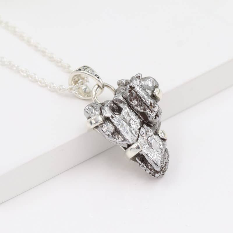 Raw Meteorite Gemstone Pendant Necklace In Sterling Silver