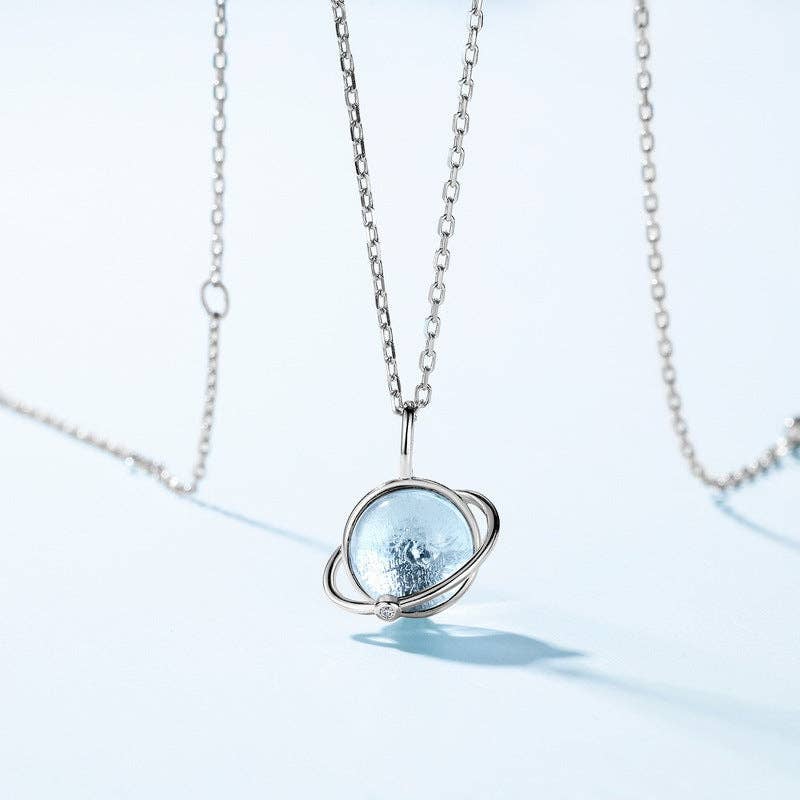 Blue Topaz Planet Saturn Necklace in 925 Sterling Silver