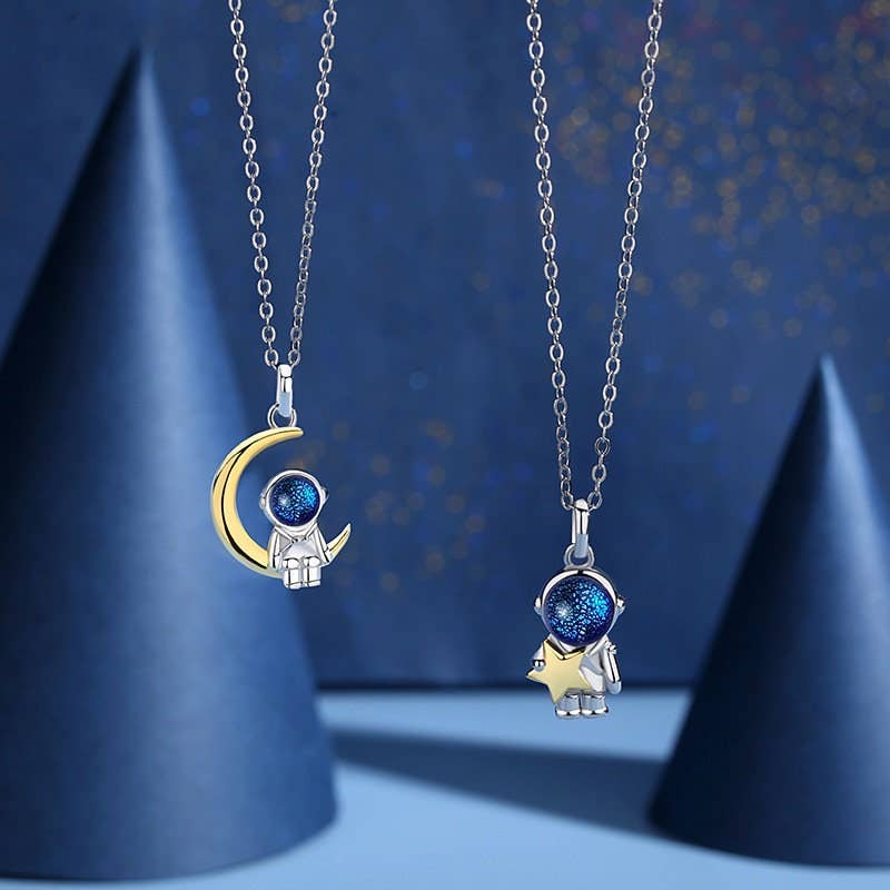 Astronaut Moon & Star Necklaces in 925 Sterling Silver