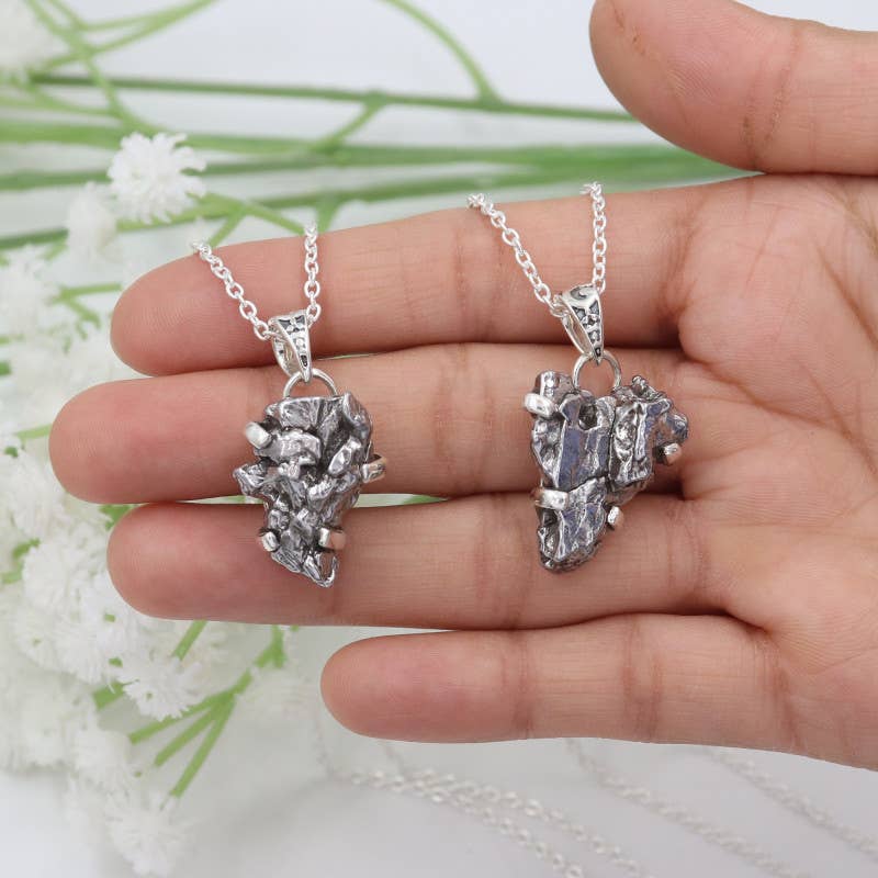 Raw Meteorite Gemstone Pendant Necklace In Sterling Silver