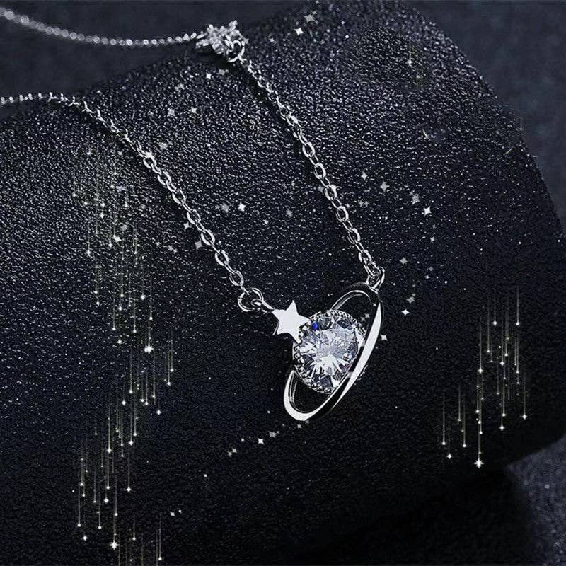 Planet Saturn Star Pendant Necklace in 925 Sterling Silver