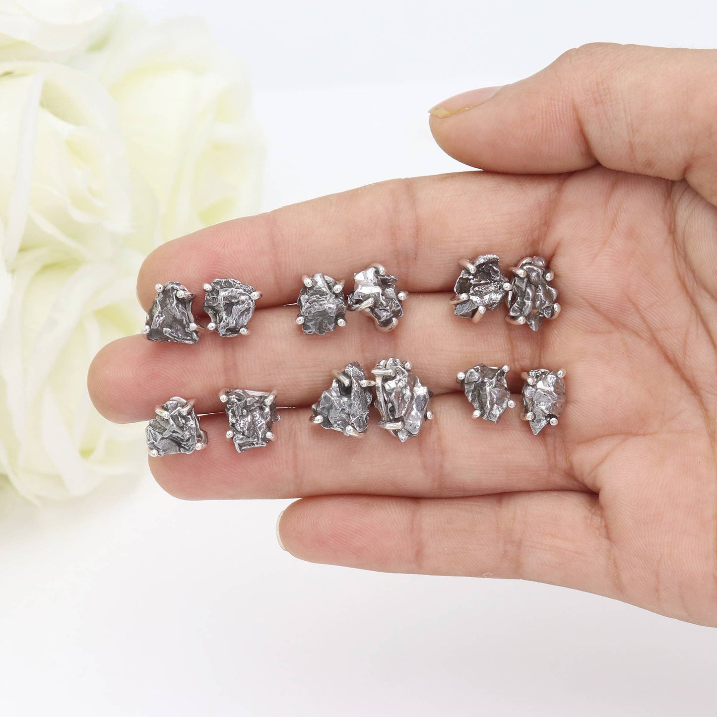 Meteorite Stud Earrings: 925 Silver Unique Space Jewelry