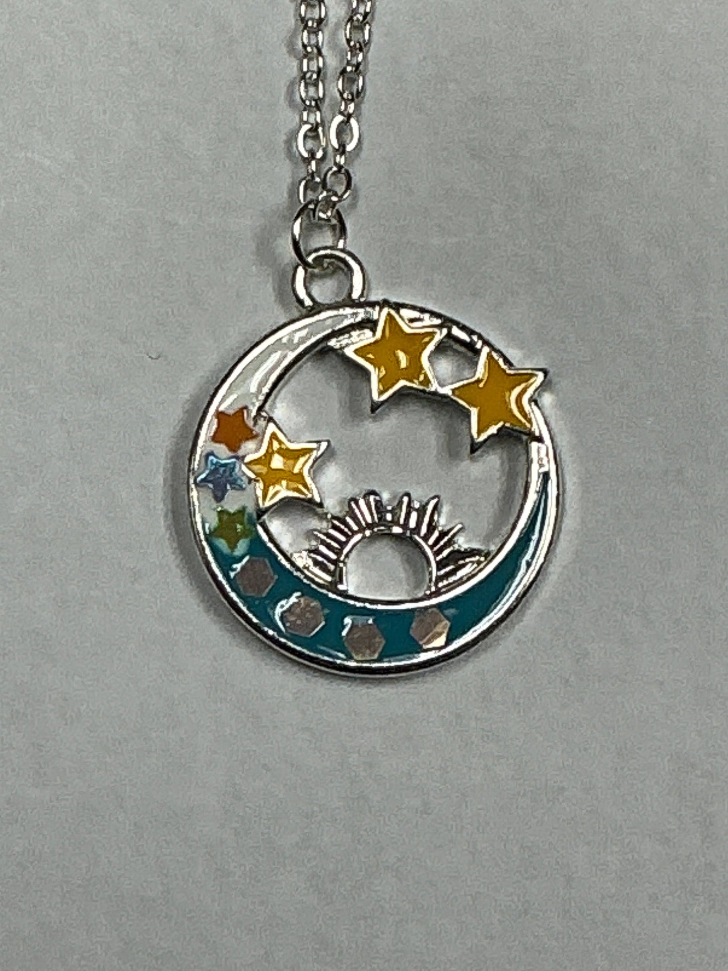 Chain Link Necklace w/Round Sun, Moon, Star Pendant