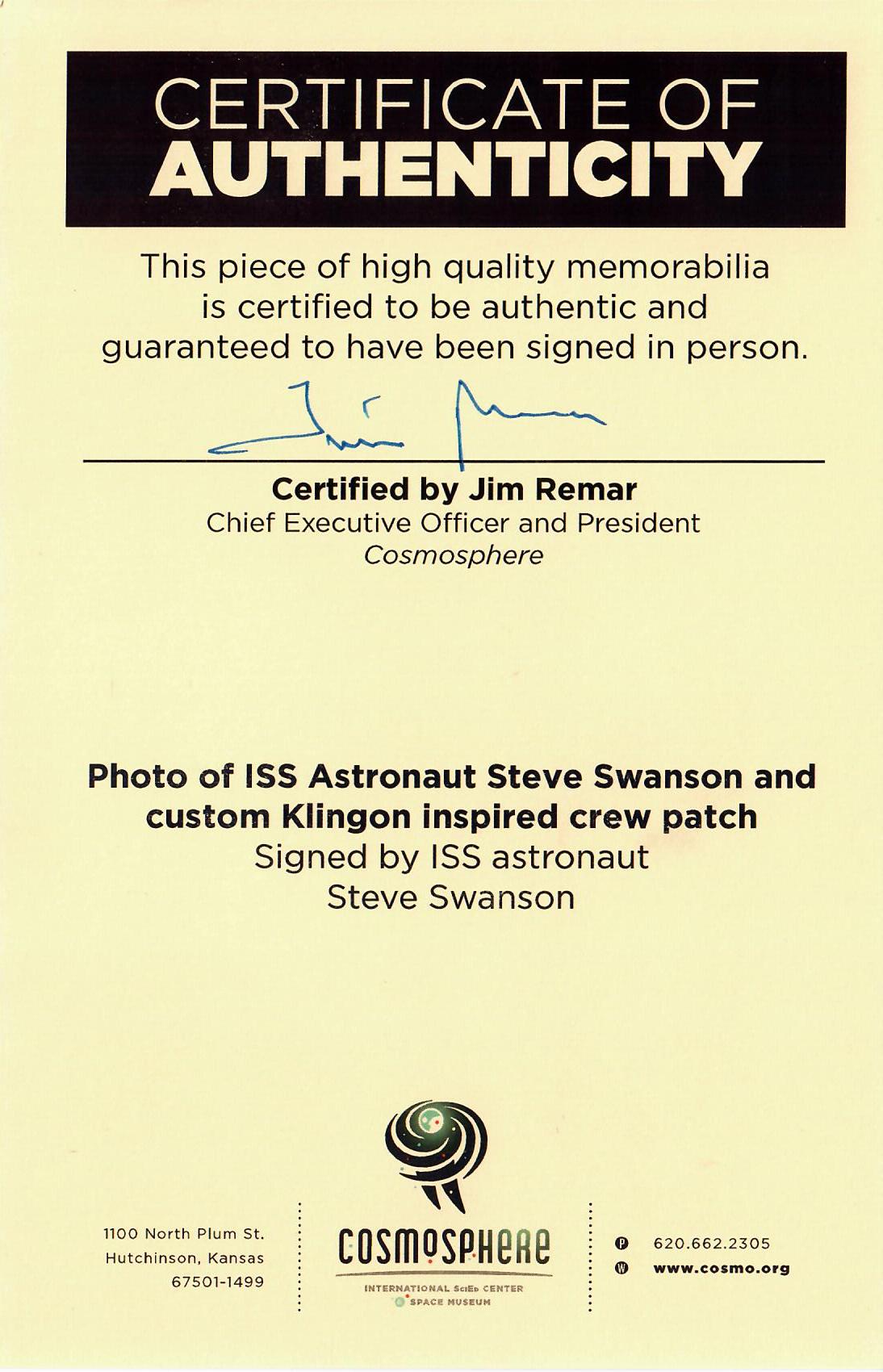 ISS astronaut Steve Swanson Print and Klingon inspired crew patch, Signed