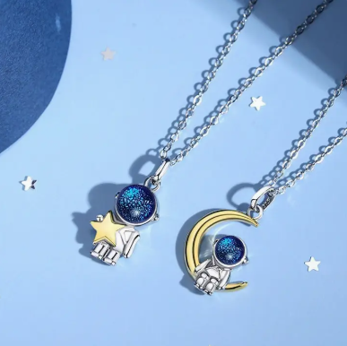 Astronaut Moon & Star Necklaces in 925 Sterling Silver