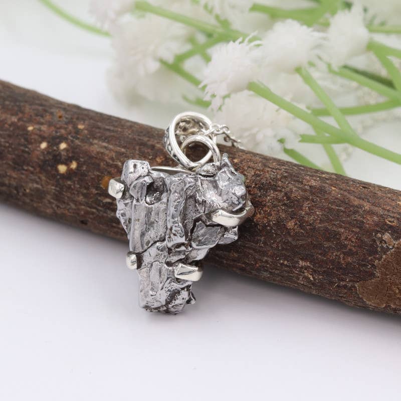 Raw Meteorite Gemstone Pendant Necklace In Sterling Silver