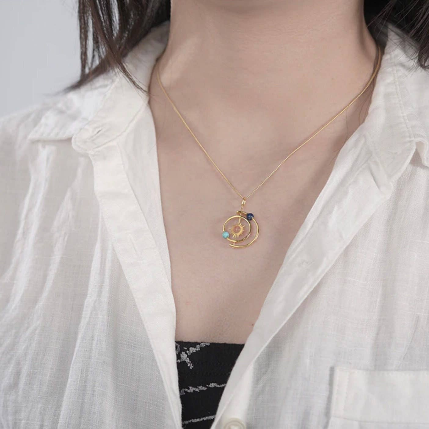 Solar System Sun Star Planet Necklace in 925 Sterling Silver