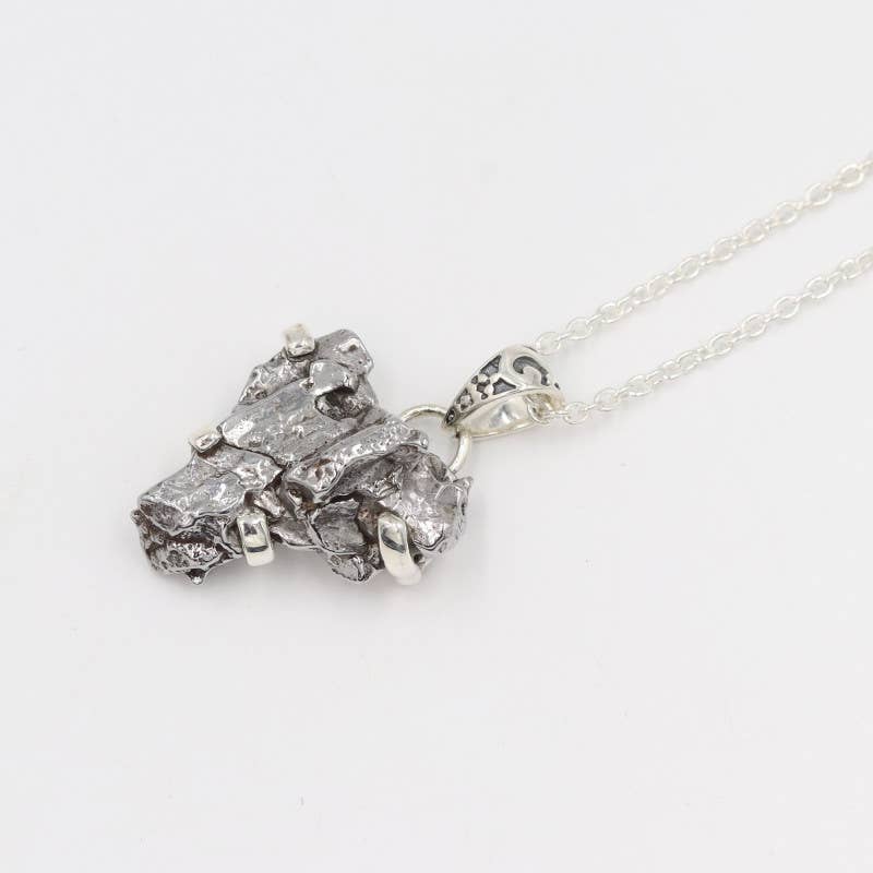 Raw Meteorite Gemstone Pendant Necklace In Sterling Silver