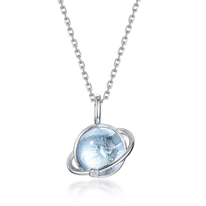 Blue Topaz Planet Saturn Necklace in 925 Sterling Silver