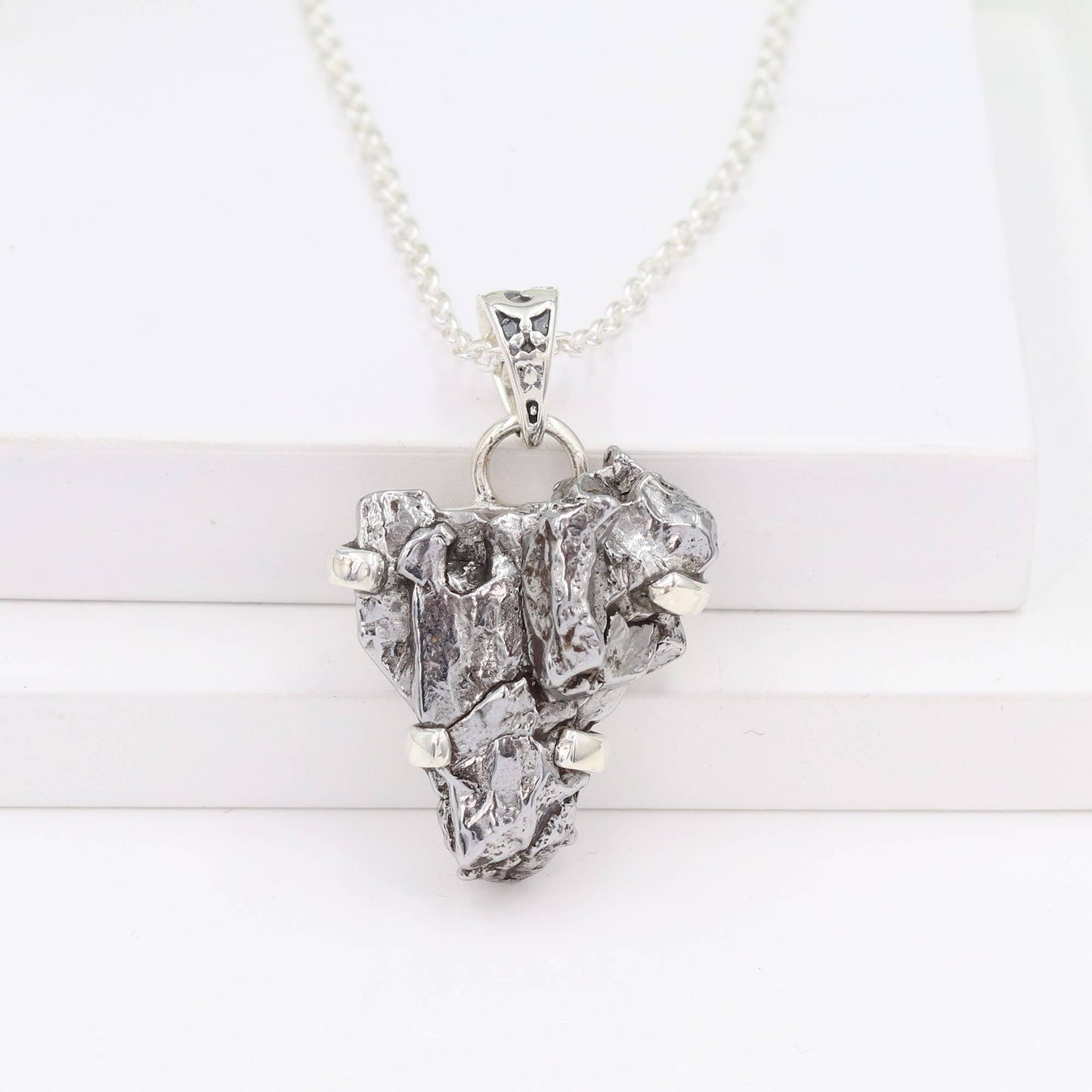 Raw Meteorite Gemstone Pendant Necklace In Sterling Silver