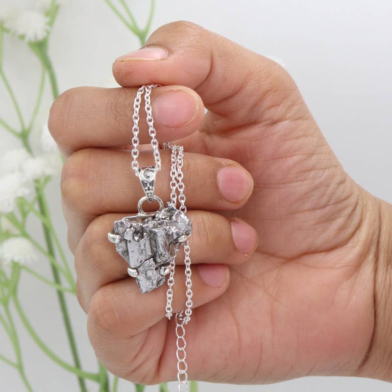 Raw Meteorite Gemstone Pendant Necklace In Sterling Silver