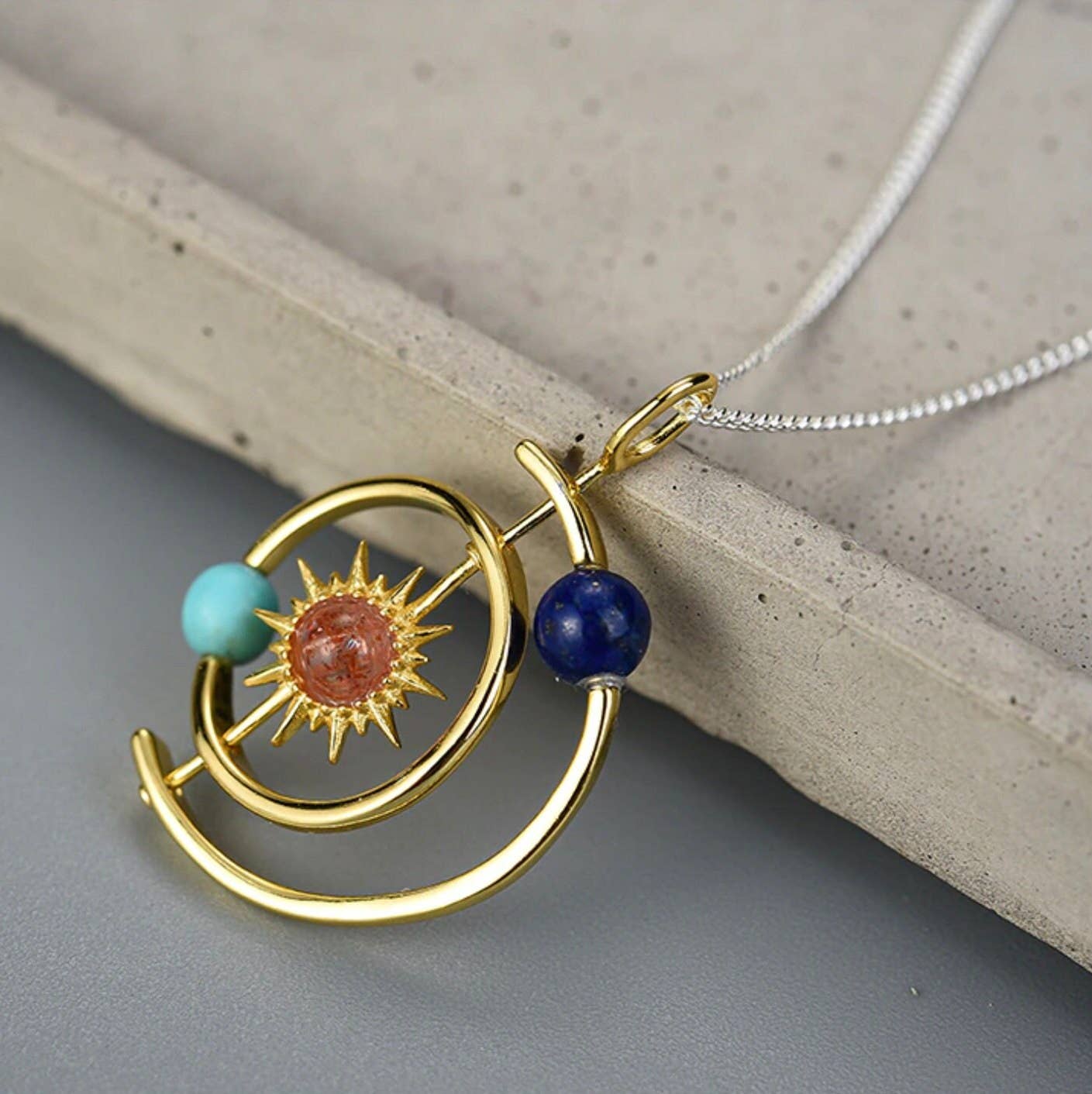 Solar System Sun Star Planet Necklace in 925 Sterling Silver