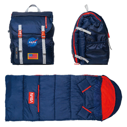 Sleep-N-Pack™ – Big Kid Size | NASA Official Logo & Patches | 2-in-1 Backpack & Sleeping Bag with Cozy Fleece Liner - NAVY